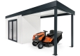 Garden house with double panoramatic door and right carport for lawn mower
